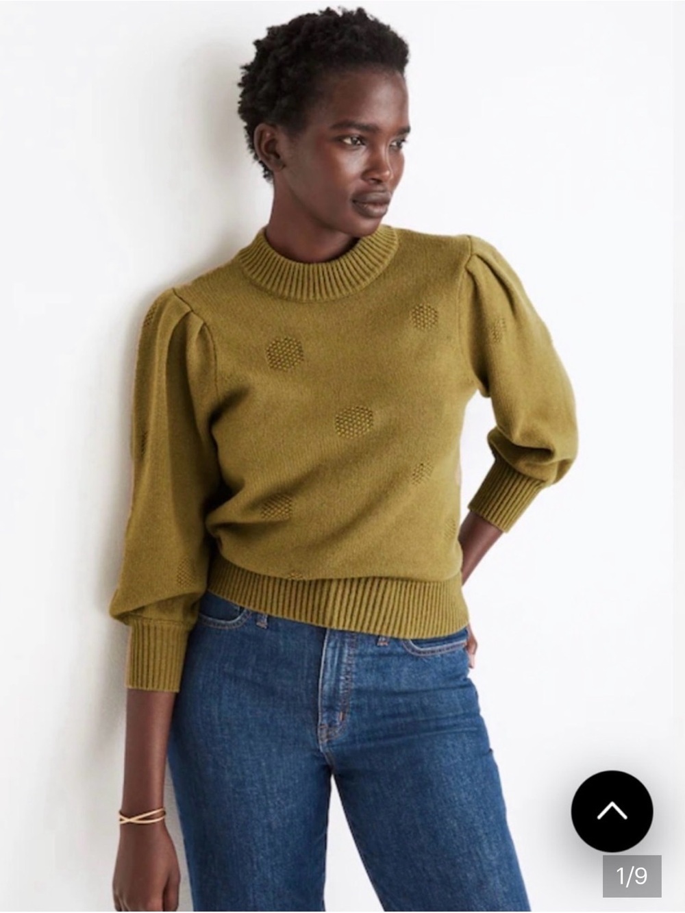 Madewell Dotted Eaton Puff-Sleeve Pullover Sweater in Cotton-Merino Yarn.